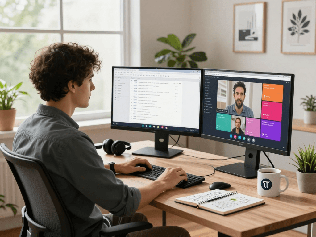 Professional using ToDesk for seamless remote work in a bright home office.