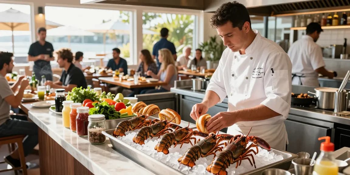 Experience slot gacor through a vibrant seafood restaurant scene, showcasing chefs preparing delicious lobster rolls.